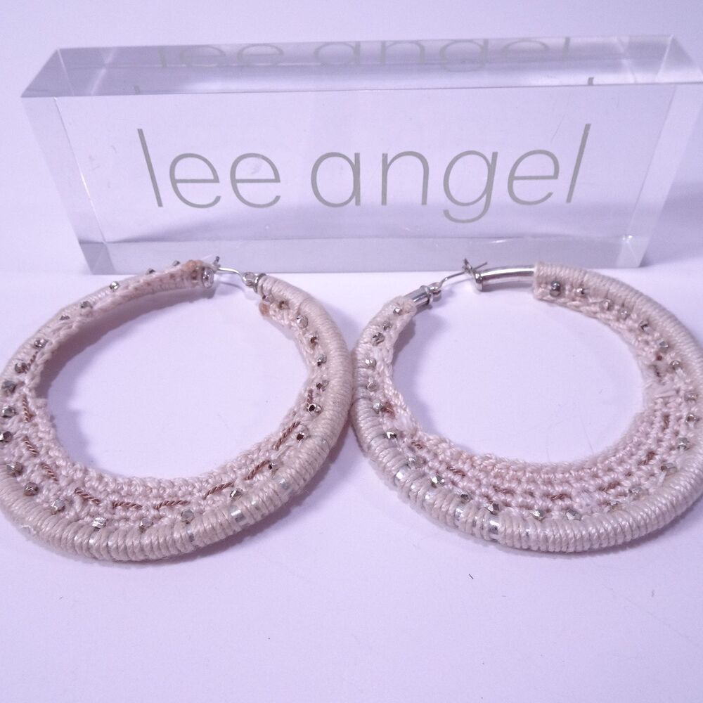 Lee Angel Women's Cream Crochet Silver Stud Hoop Earrings NWT 198